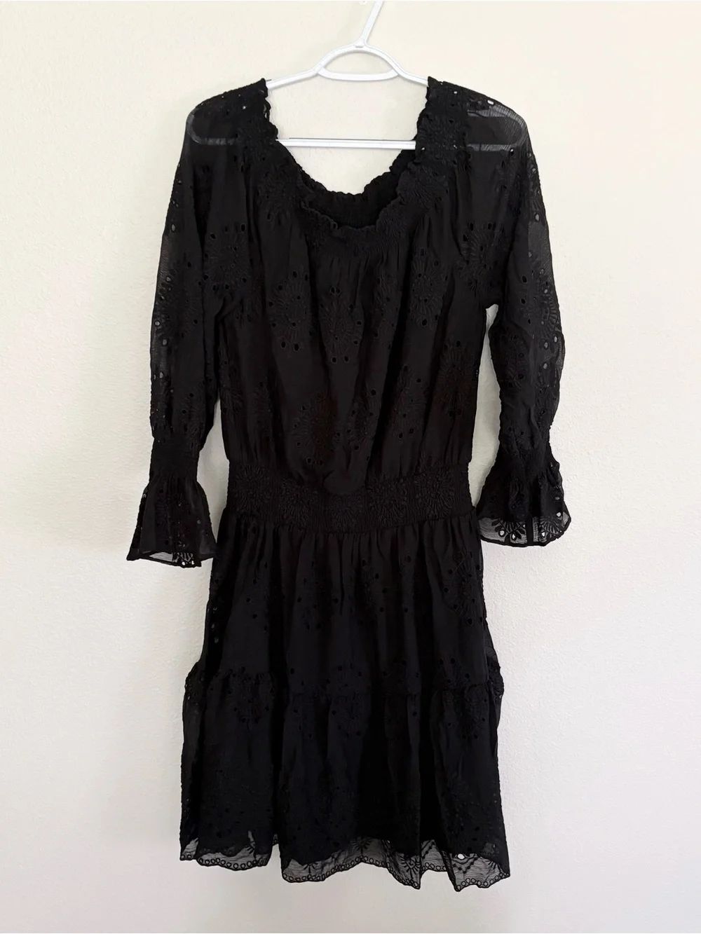 NWT Chico's Sz 1 Smocked Eyelet Midi Dress Black Dark Romantic Peasant Boho